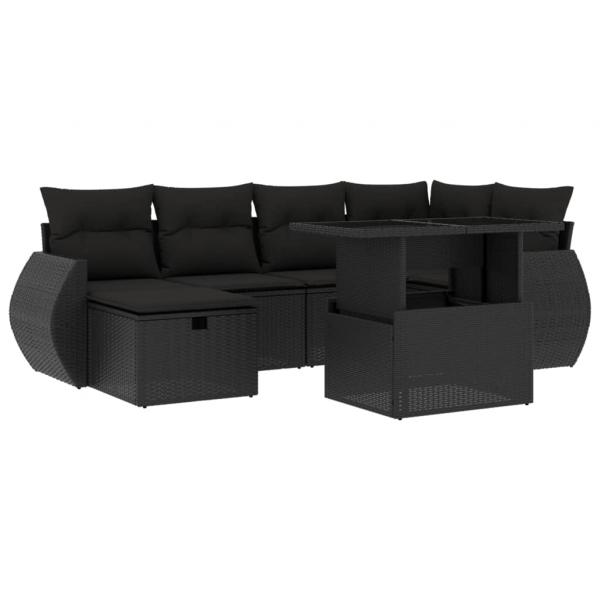 7-tlg. Garten-Sofagarnitur mit Kissen Schwarz Poly Rattan