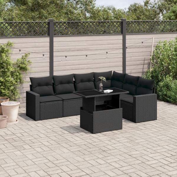 ARDEBO.de - 7-tlg. Garten-Sofagarnitur mit Kissen Schwarz Poly Rattan