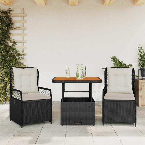 ARDEBO.de - 3-tlg. Garten-Essgruppe mit Kissen Schwarz Poly Rattan