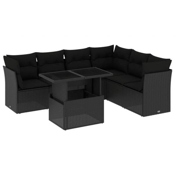 7-tlg. Garten-Sofagarnitur mit Kissen Schwarz Poly Rattan