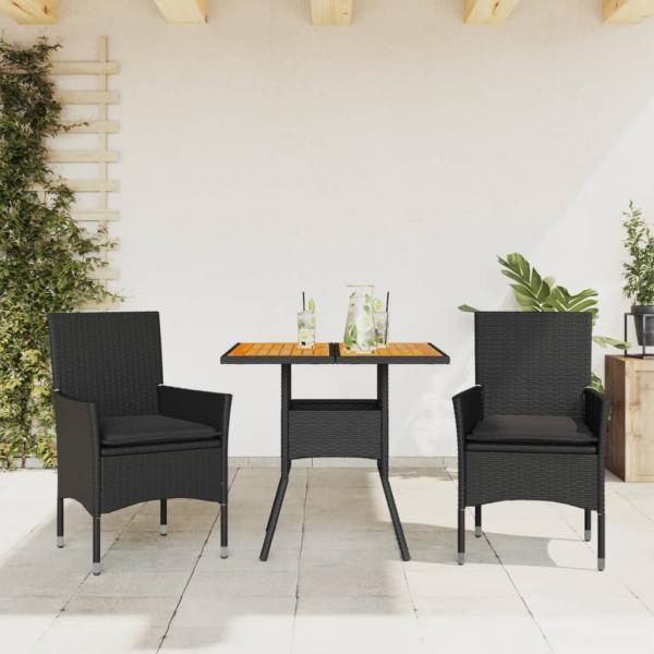 ARDEBO.de - 3-tlg. Garten-Essgruppe mit Kissen Schwarz Poly Rattan Akazie