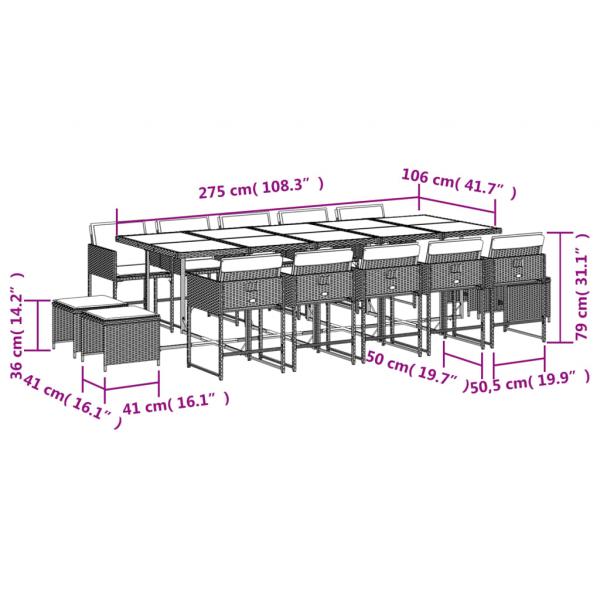 15-tlg. Garten-Essgruppe mit Kissen Grau Poly Rattan