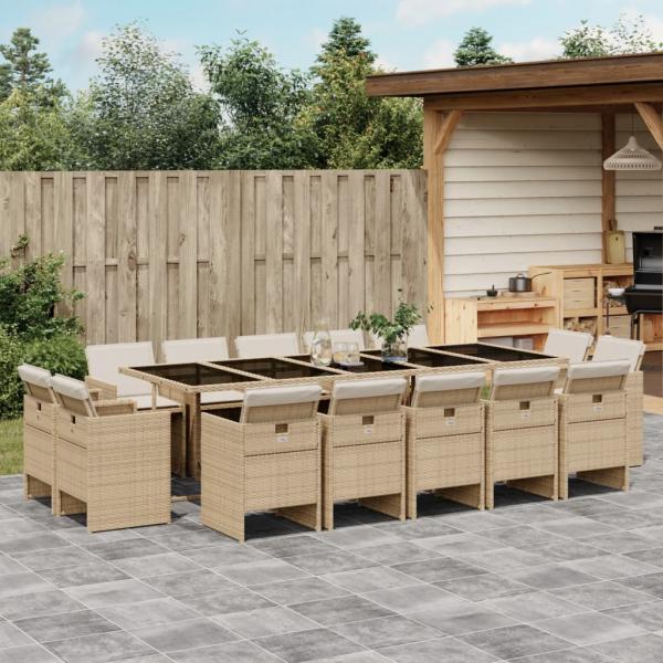 ARDEBO.de - 15-tlg. Garten-Essgruppe mit Kissen Beige Poly Rattan