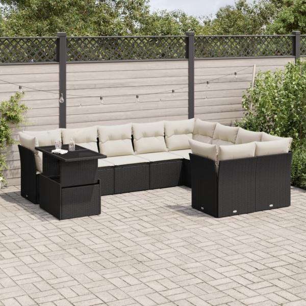 ARDEBO.de - 10-tlg. Garten-Sofagarnitur mit Kissen Schwarz Poly Rattan