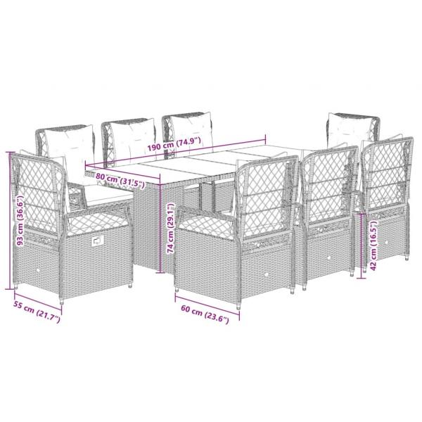 9-tlg. Garten-Essgruppe mit Kissen Braun Poly Rattan