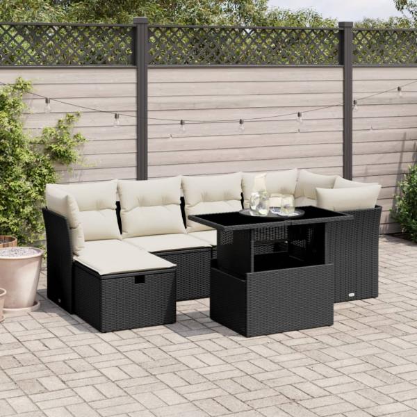 ARDEBO.de - 7-tlg. Garten-Sofagarnitur mit Kissen Schwarz Poly Rattan