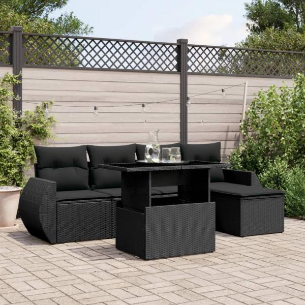 ARDEBO.de - 6-tlg. Garten-Sofagarnitur mit Kissen Schwarz Poly Rattan