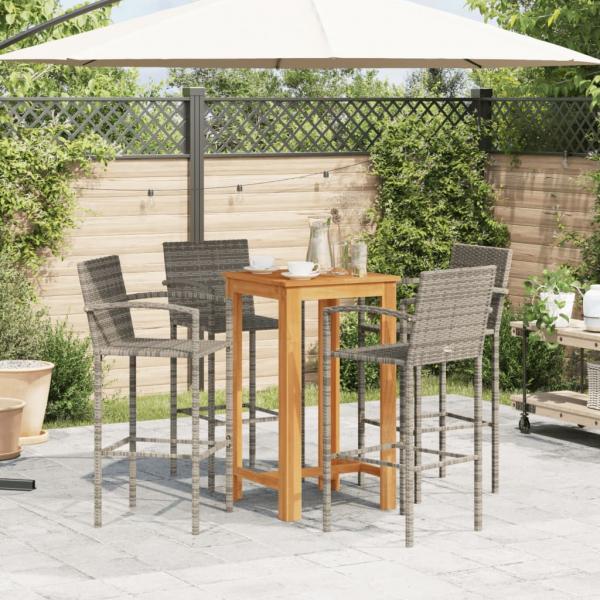 5-tlg. Gartenbar-Set Grau Massivholz Akazie und Poly Rattan