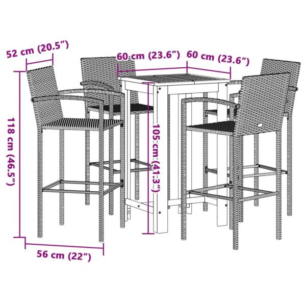 5-tlg. Gartenbar-Set Braun Massivholz Akazie und Poly Rattan