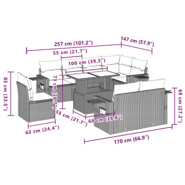 9-tlg. Garten-Sofagarnitur mit Kissen Schwarz Poly Rattan