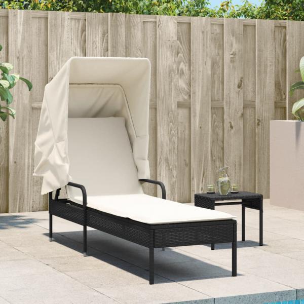 Sonnenliege mit Dach und Tisch Schwarz Poly Rattan