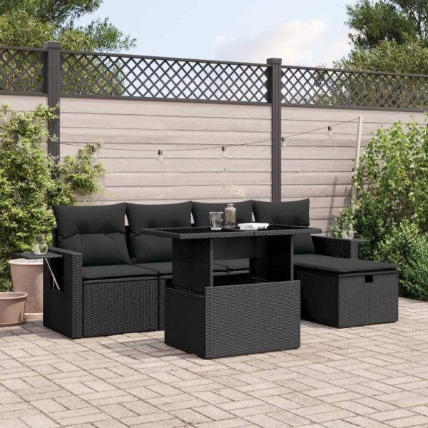 ARDEBO.de - 6-tlg. Garten-Sofagarnitur mit Kissen Schwarz Poly Rattan