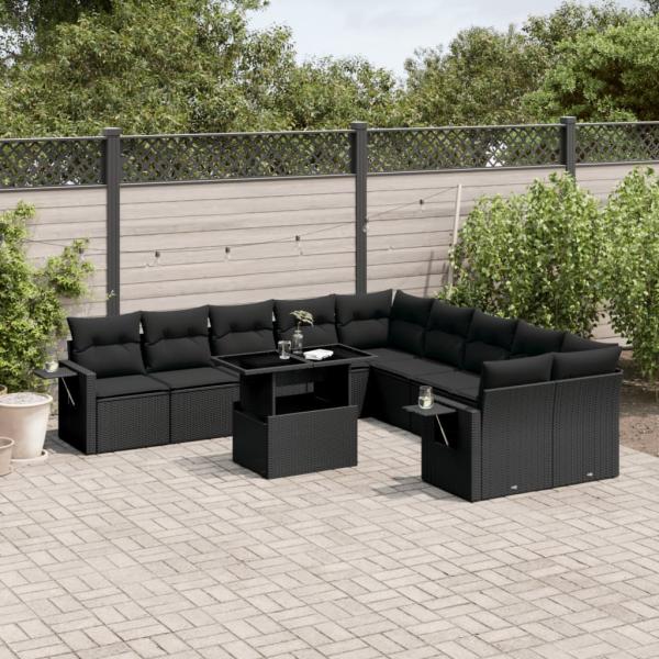 ARDEBO.de - 11-tlg. Garten-Sofagarnitur mit Kissen Schwarz Poly Rattan