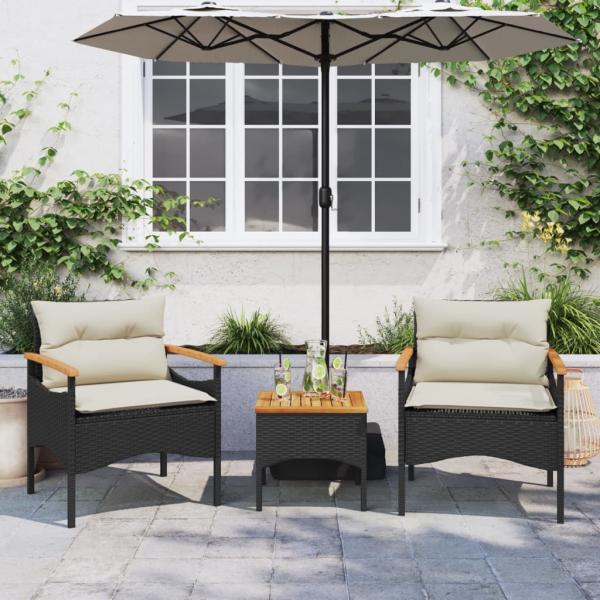 3-tlg. Garten-Sofagarnitur mit Kissen Schwarz Poly Rattan