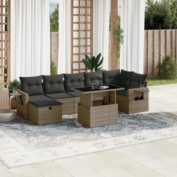 ARDEBO.de - 8-tlg. Garten-Sofagarnitur mit Kissen Grau Poly Rattan