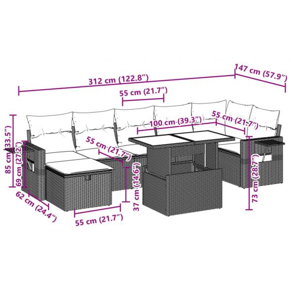 8-tlg. Garten-Sofagarnitur mit Kissen Grau Poly Rattan