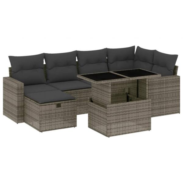 7-tlg. Garten-Sofagarnitur mit Kissen Grau Poly Rattan