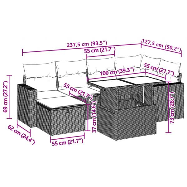 7-tlg. Garten-Sofagarnitur mit Kissen Grau Poly Rattan