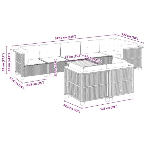 9-tlg. Garten-Sofagarnitur mit Kissen Grau Poly Rattan