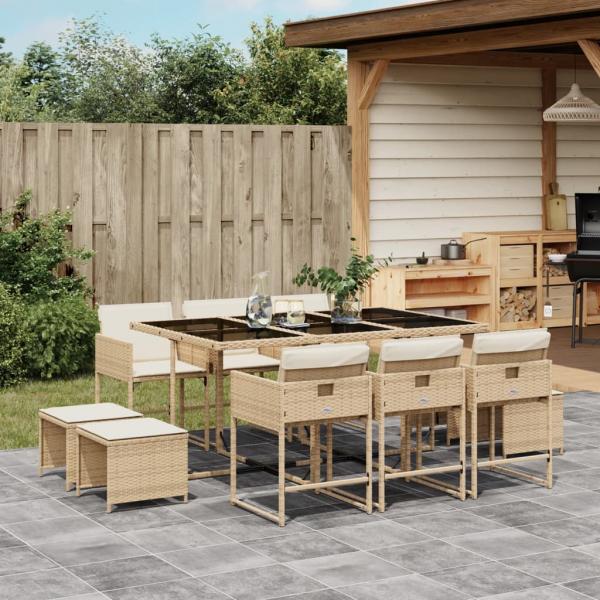 ARDEBO.de - 11-tlg. Garten-Essgruppe mit Kissen Beige Poly Rattan