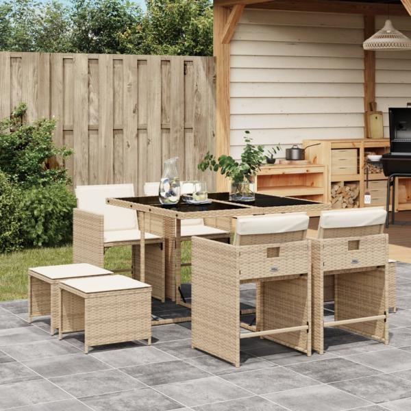 ARDEBO.de - 9-tlg. Garten-Essgruppe mit Kissen Beige Poly Rattan