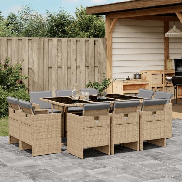 ARDEBO.de - 11-tlg. Garten-Essgruppe mit Kissen Beigemischung Poly Rattan