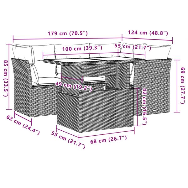 5-tlg. Garten-Sofagarnitur mit Kissen Grau Poly Rattan