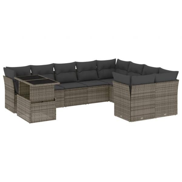 10-tlg. Garten-Sofagarnitur mit Kissen Grau Poly Rattan