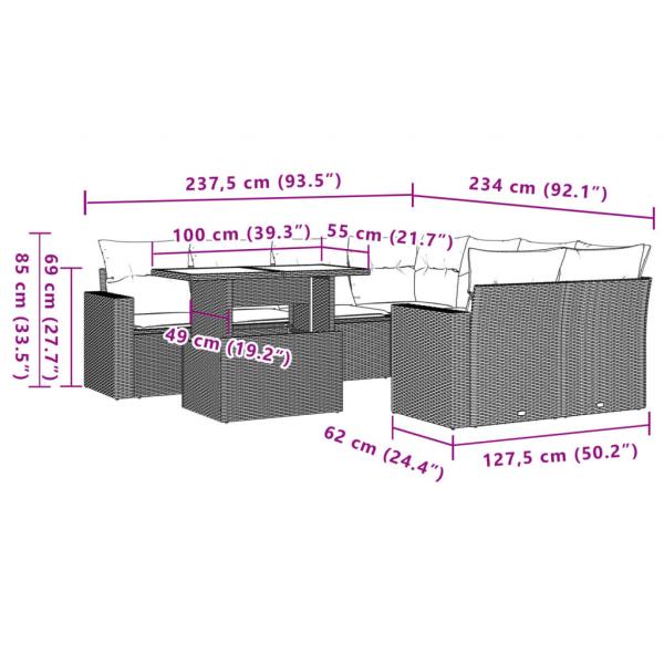 9-tlg. Garten-Sofagarnitur mit Kissen Grau Poly Rattan