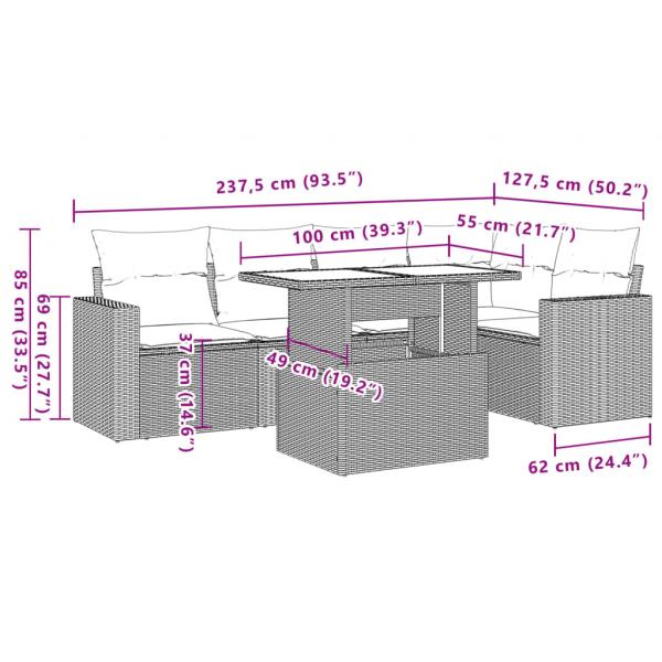 6-tlg. Garten-Sofagarnitur mit Kissen Grau Poly Rattan