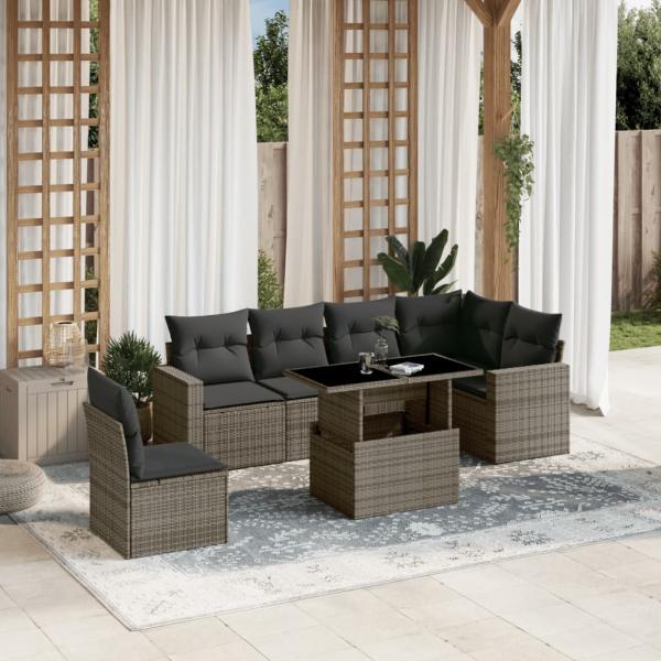 ARDEBO.de - 7-tlg. Garten-Sofagarnitur mit Kissen Grau Poly Rattan