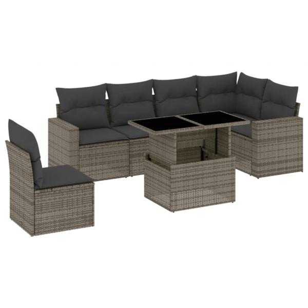 7-tlg. Garten-Sofagarnitur mit Kissen Grau Poly Rattan