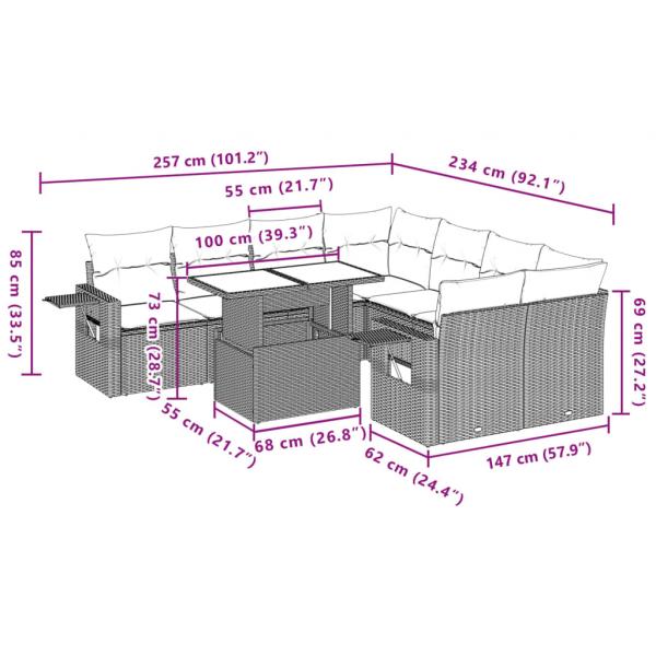 9-tlg. Garten-Sofagarnitur mit Kissen Grau Poly Rattan