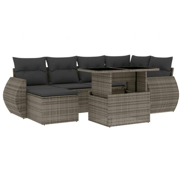 7-tlg. Garten-Sofagarnitur mit Kissen Grau Poly Rattan