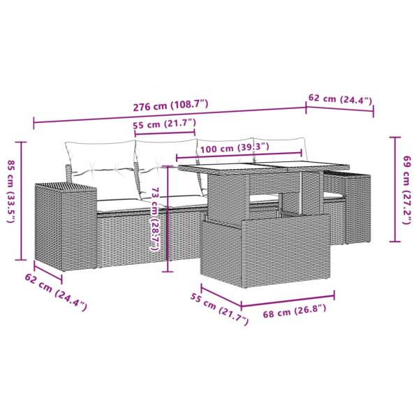 5-tlg. Garten-Sofagarnitur mit Kissen Grau Poly Rattan