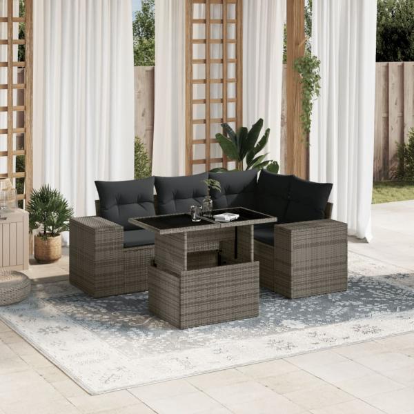 ARDEBO.de - 5-tlg. Garten-Sofagarnitur mit Kissen Grau Poly Rattan