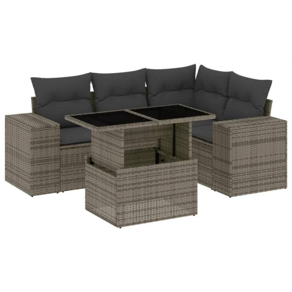 5-tlg. Garten-Sofagarnitur mit Kissen Grau Poly Rattan