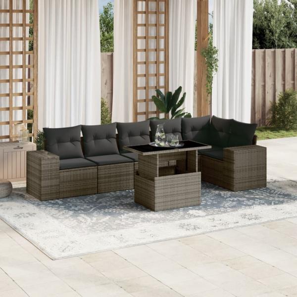 ARDEBO.de - 7-tlg. Garten-Sofagarnitur mit Kissen Grau Poly Rattan