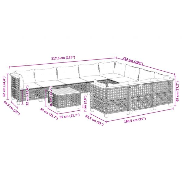 11-tlg. Garten-Sofagarnitur mit Kissen Grau Poly Rattan