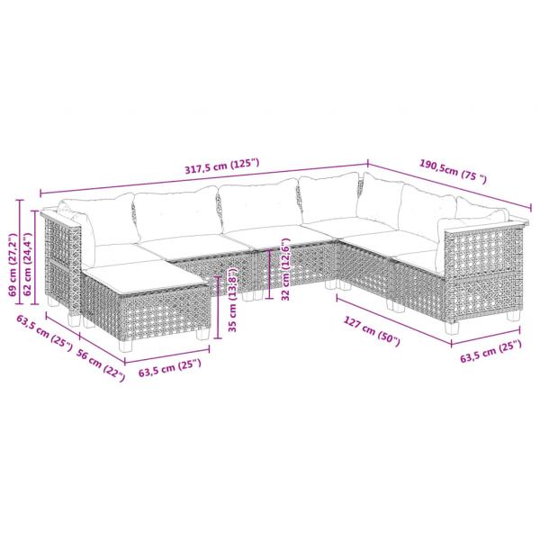 7-tlg. Garten-Sofagarnitur mit Kissen Grau Poly Rattan