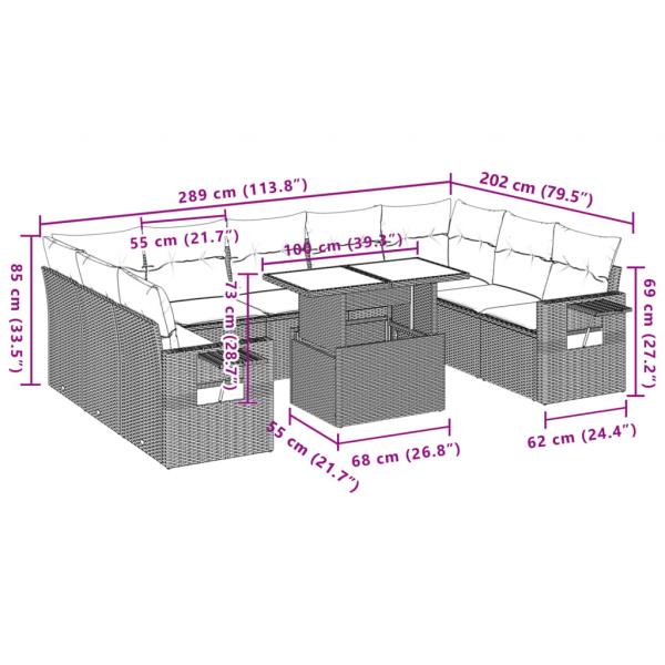 10-tlg. Garten-Sofagarnitur mit Kissen Grau Poly Rattan