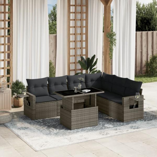 ARDEBO.de - 7-tlg. Garten-Sofagarnitur mit Kissen Grau Poly Rattan