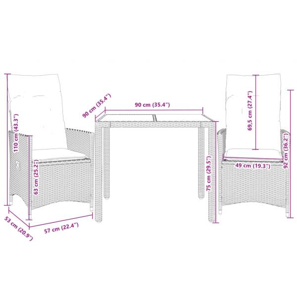 3-tlg. Bistro-Set mit Kissen Schwarz Poly Rattan