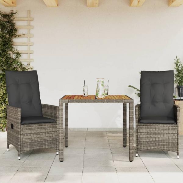 ARDEBO.de - 3-tlg. Bistro-Set mit Kissen Grau Poly Rattan