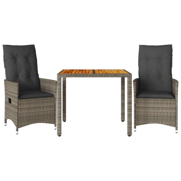 3-tlg. Bistro-Set mit Kissen Grau Poly Rattan