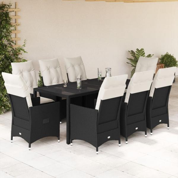 ARDEBO.de - 9-tlg. Garten-Essgruppe mit Kissen Schwarz Poly Rattan