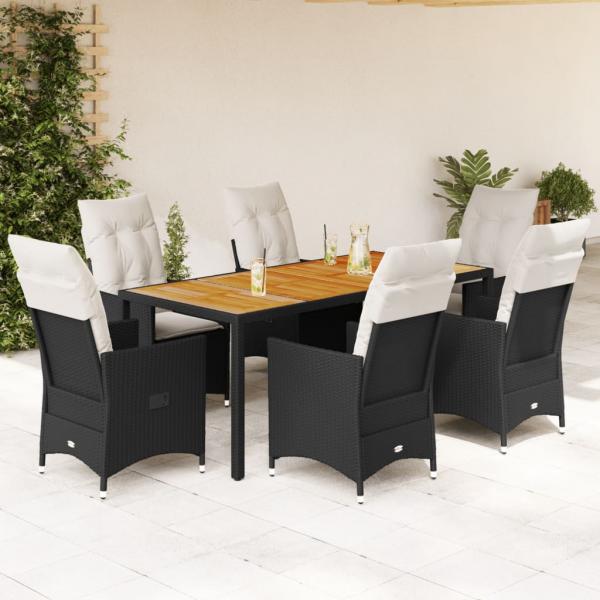 ARDEBO.de - 7-tlg. Garten-Essgruppe mit Kissen Schwarz Poly Rattan