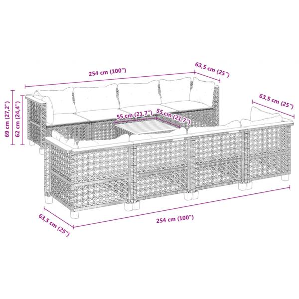 9-tlg. Garten-Sofagarnitur mit Kissen Grau Poly Rattan