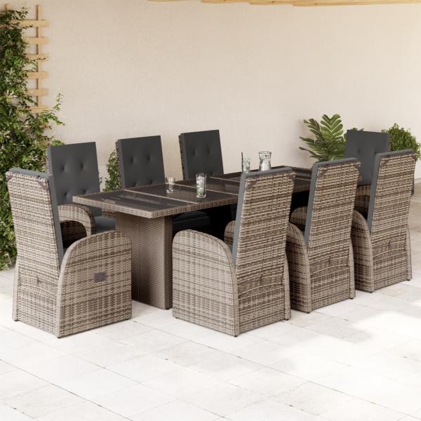 ARDEBO.de - 9-tlg. Garten-Essgruppe mit Kissen Grau Poly Rattan