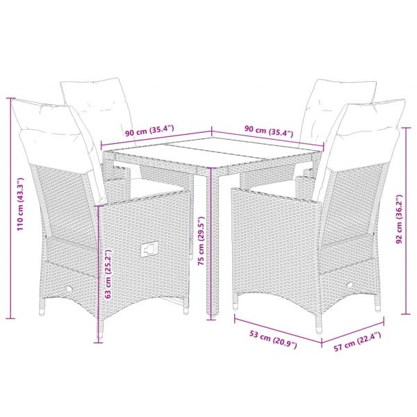 5-tlg. Garten-Essgruppe mit Kissen Schwarz Poly Rattan